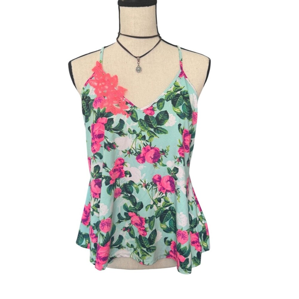Betsey Johnson Floral Cami Tank Top Small Mint Pink Rose Coquette Cottagecore